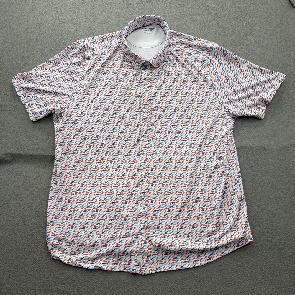 Johnston & Murphy Shirt Mens 2XL Fish Print Short Sleeve Button Up Stretch Top